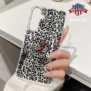 Transparent Case for Samsung Galaxy S23 Ultra S24 Plus S25 S22+ FE Butterfly Leopard Pattern Acrylic Back Silicone Edges Anti-Scratch Support Wireless Charging Back Cover for Girl