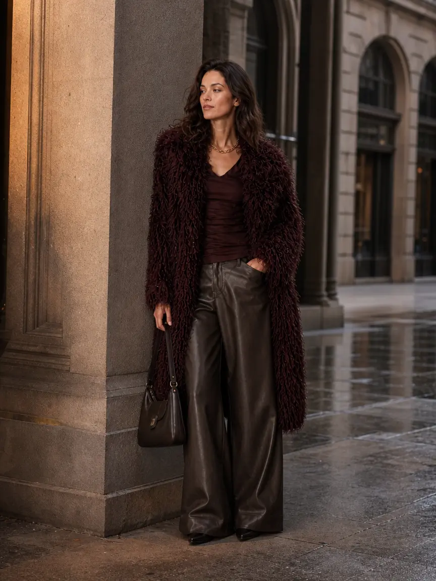 Women Burgundy Shaggy Faux Fur Long Coat, Open Front Fluffy Vintage Y2K Winter Warm Oversized Overcoat
