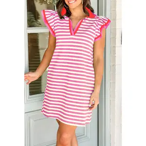 Green Striped Ruffle Short Sleeve Pop of Color Neckline Dress