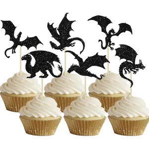 30 Pcs Dragon Cupcake Toppers Glitter Dinosaur Birthday Cupcake Picks for Flying Dragon Theme Baby Shower Kids Birthday Party Cake Decorations Supplies Black