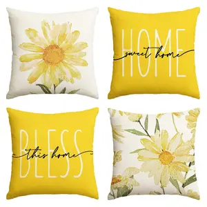 4PCS Spring and Summer Outdoor Pillow Covers, Warm Home Floral Yellow Pillowcases, Sofa Cushion Covers 16X16, 18x18, 20x20 Inches