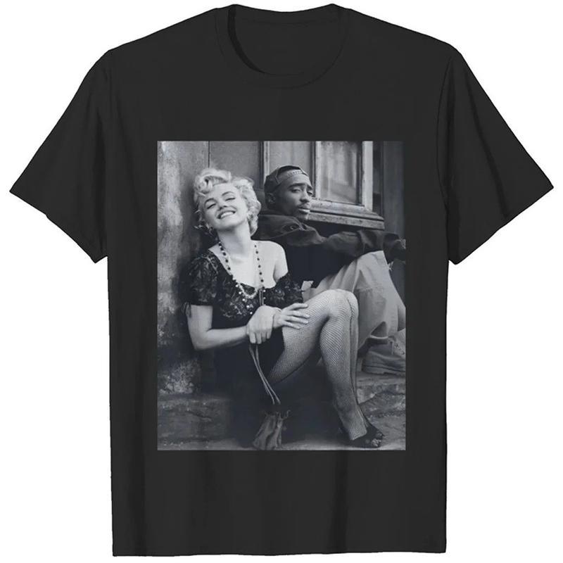 Marilyn Monroe and 2Pac Cotton Unisex T shirt Streetwear Top Black Casual Menswear