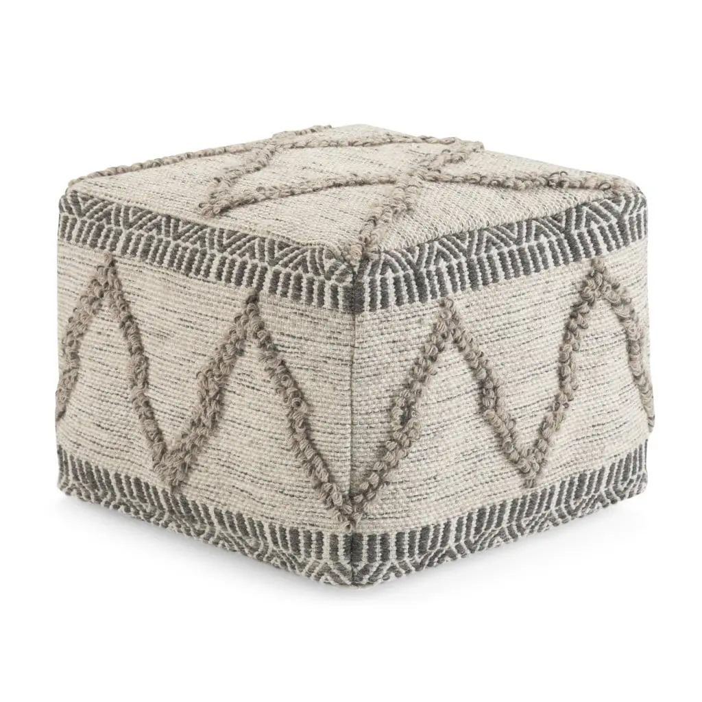 360 stand Gray Wool Fabric Square Pouf Ottoman Footstool - 18-Inch, Polystyrene Fill, Bohemian Style, 14x18.10x18.10 in Storage Ottoman (Model 638553), Upholstered Storage Ottoman