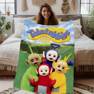 This flannel blanket features a Teletubbies cartoon print, is soft, suitable for all seasons, and is a must-have for home or holiday parties.