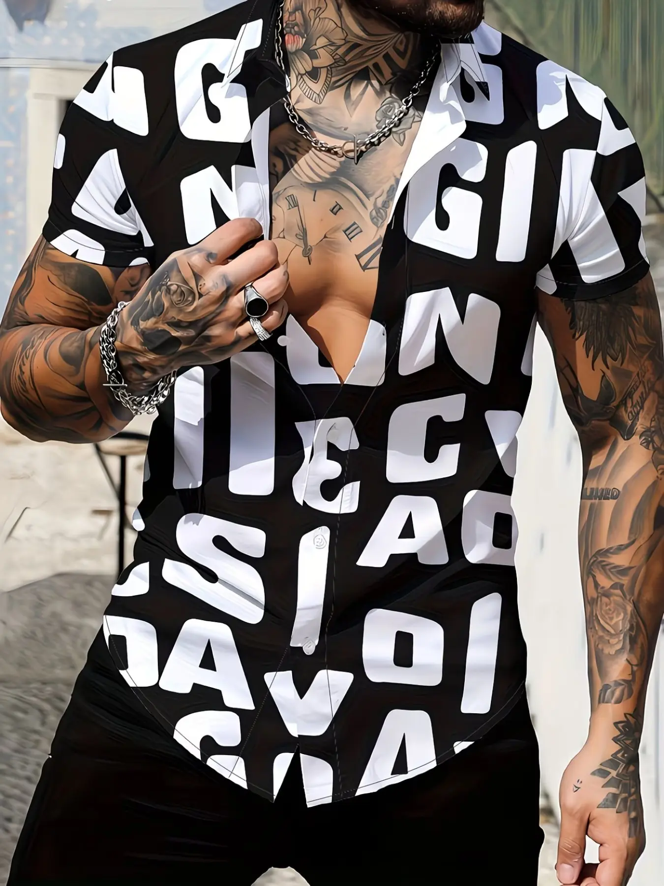 Men's Black and White Geometric Pattern Graphic Short Sleeve Shirt, Casual Streetwear Classic Trendy Print Top, Fashion Versatile Menswear Men's Clothing, Slim-Fitting Hoodie/jumper