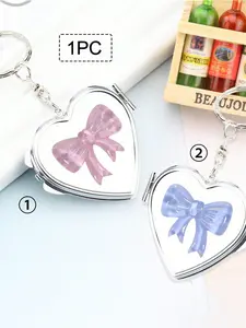 Silver Color Bow Heart Mirror Pendant Keychain, Cute Plain Design, Portable Flip Cover Makeup Mirror, Student Commuter Beauty Lover Gift, Keychain For Bags