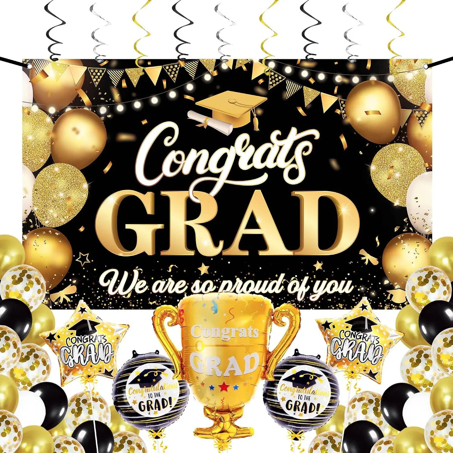 Graduation Decorations Class Of 2024 Set - BigPack Of 49 | Black And Gold Congrats Grad BannerGraduation Balloons | Graduation Backdrop For Black And Gold Graduation Decorations 2024