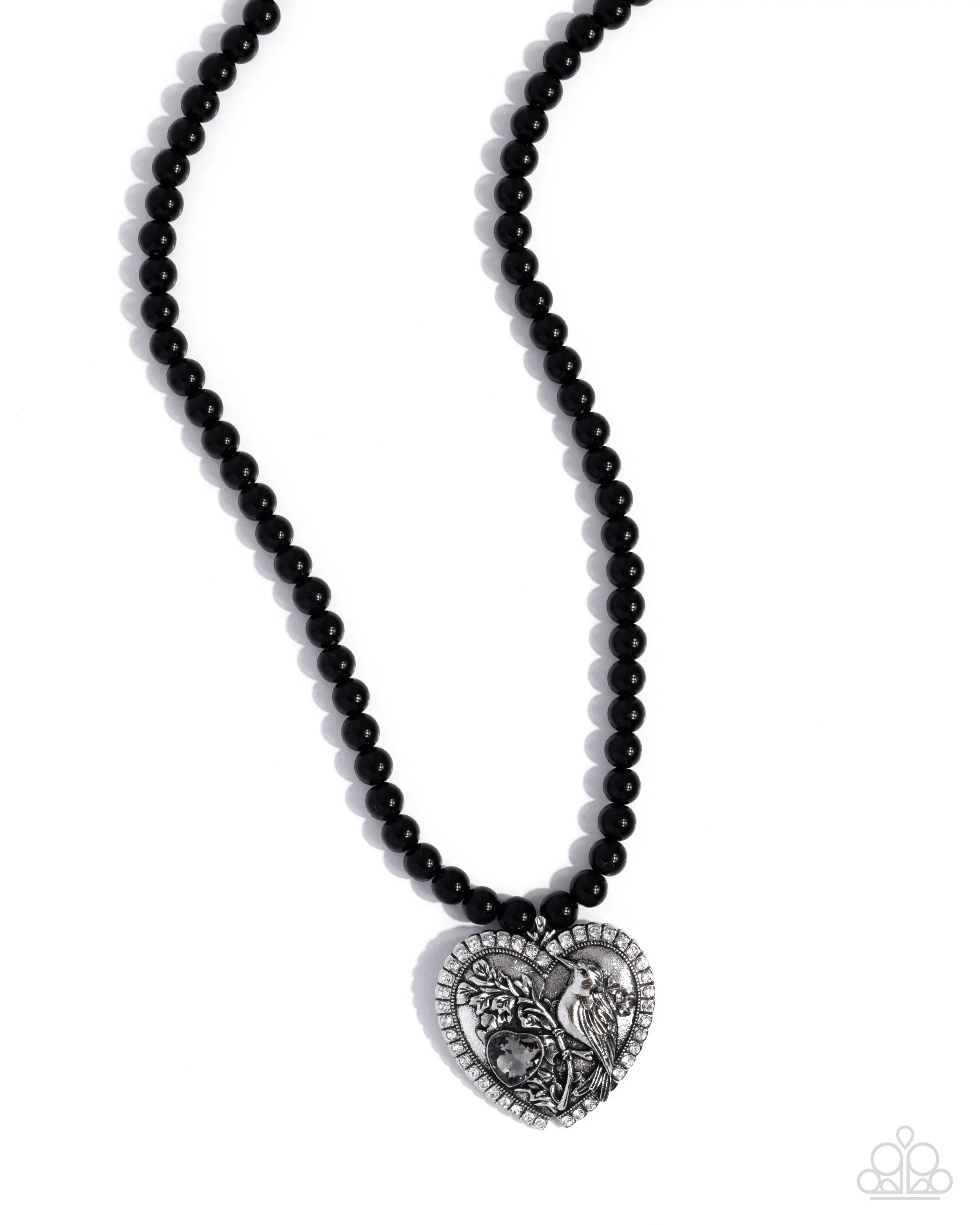 Heartfelt Hummingbird - Black Bead Silver Bird Heart Short Necklace - Paparazzi