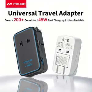 MOJUE Universal Travel Adapter, 2026 Ultra-Slim 45W PD Fast Charger, 4-Port (2 USB-C, 1 USB-A, and 1 AC) International Power Adapter, Worldwide Plug Adapter for EU/UK/AU/Asia, Travel Essentials for 200+ Countries Multifunctional