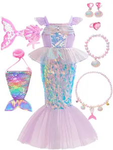 (Dress + all accessories)Children Mermaid Princess Dress Cosplay Ariel Girls Dress Kids Girls Mermaid Princess Dress Ruffle Gradient Cosplay Costume Dress Up Costume