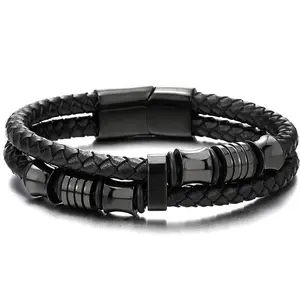 Men's Bracelets Black Double-Row Braided Leather Bracelet with Magnetic Clasp Business Casual Jewelry Jewelry Gift Men Accessories