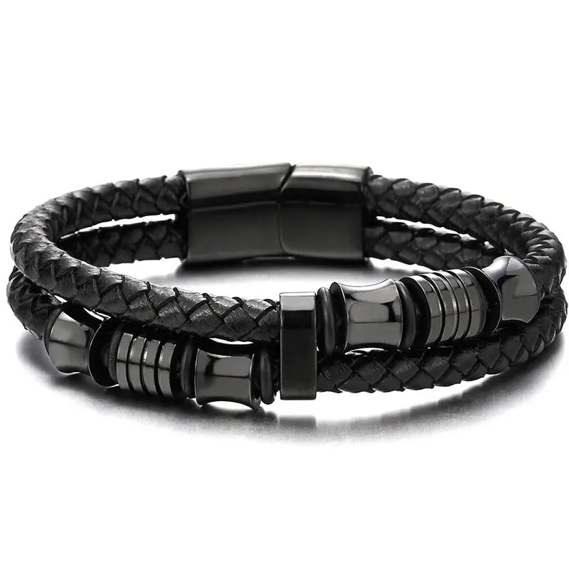 Men's 1.6cm Double-Row Braided Cross Leather Multilayered Black Bracelet with Magnetic Clasp - Male Business Casual Daily Jewelry, Anniversary Gift, Men's Accessories (2 Sizes)
