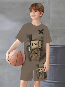 Boys' Cartoon Printed Short Sleeve Shorts Set, Trendy Two-Piece for Kids, Casual Fitted Design, Random Pattern