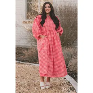 Alexa Coral Gingham Dress - MCO - Maternity Friendly - V Neckline - Oversized - Comfortable 