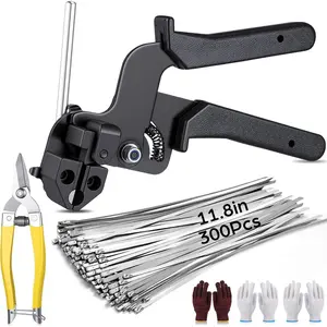 305 Pack Stainless Steel  Tie  Kit, 300 count 11.8 Inch Metal Zip Ties, with Adjustable Fastening and  Tools for Fence, Chain Link Fence, Pipe, Industrial Use