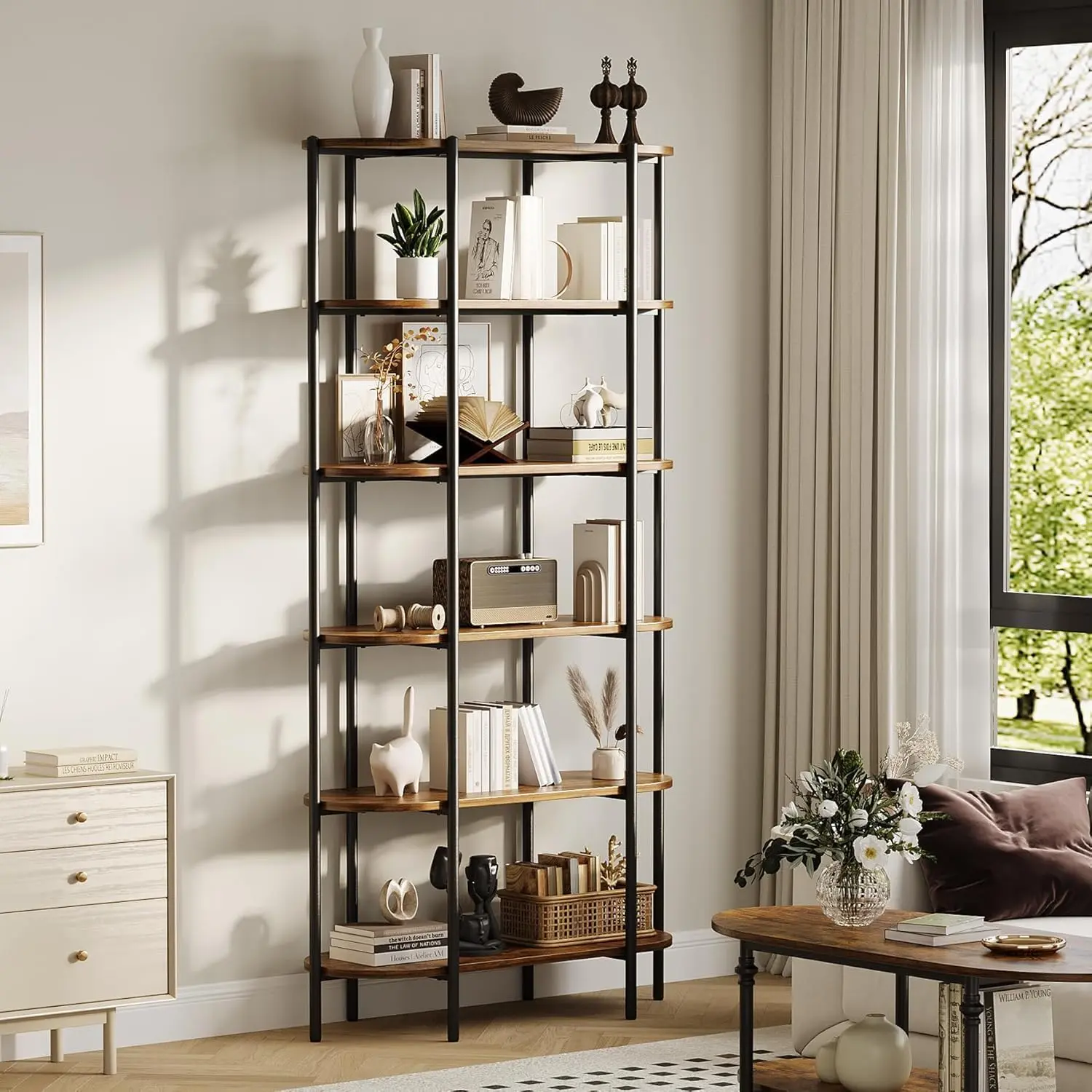 6 Tier Tall Bookcase Industrial Bookshelves Oval Vintage Bookshelf Metal Frame Unique Display Shelf Storage for Home Office, Living Room, Bedroom, Bathroom