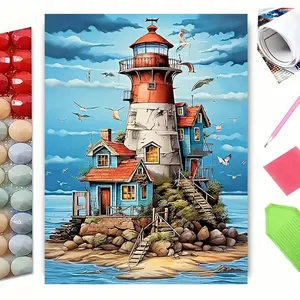 5D Diamond Painting Kit - Whimsical Lighthouse & Coastal Cottages on a Rocky Island | Full Round Drill DIY Art for Serene Home Decor | Tranquil Nautical Craft Gift for Adults