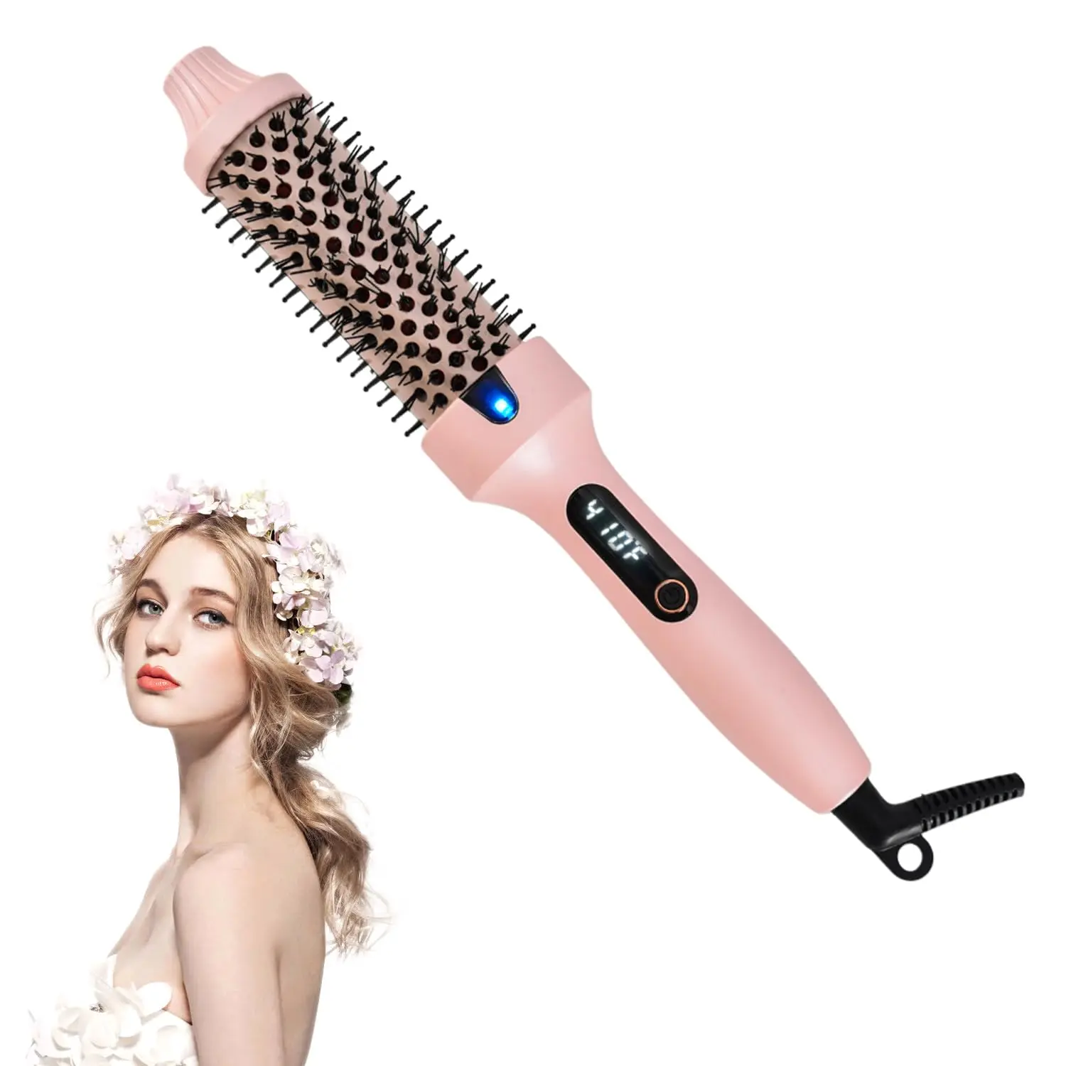 Women's 1.5-in Heated Round Hair Styler, 3-in-1 Ionic Heated Straightening Brush Thermal Brush Straightener with Adjustable Temperature, Portable Travel Styling Hair Tool for Smooth Anti-Frizz Looks (Pink)