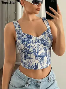 Women's Summer Blue Print Elastic Fitted Womenswear Sexy Bohemian Halter Top, Sea Life Shell Pattern, Perfect for Daily, Dates, Beach Vacations, Parties