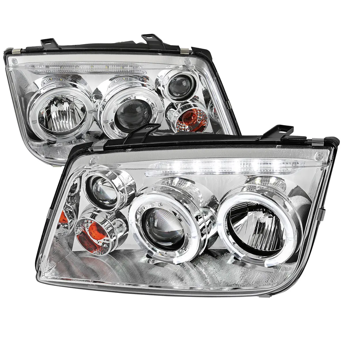SPEC-D TUNING Mk4 Jetta Dual Halo Projector Headlights, for 1999-2005 Volkswagen Jetta/Bora, w/ LED Front Lights Strip, Chrome Housing, H1/H3 Bulb Compatible
