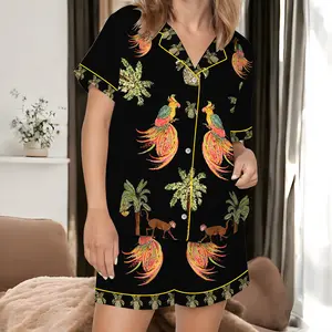 Women’s Coconut Tree Peacock Monkey Plant Short Sleeve Satin Pajama Set, Tropical Peacock Monkey Short Satin Pajama Set for Women, Coconut Tree Plant Print Sleepwear, Silky Button Up Pajama Shorts, Summer Lounge, Gift for her