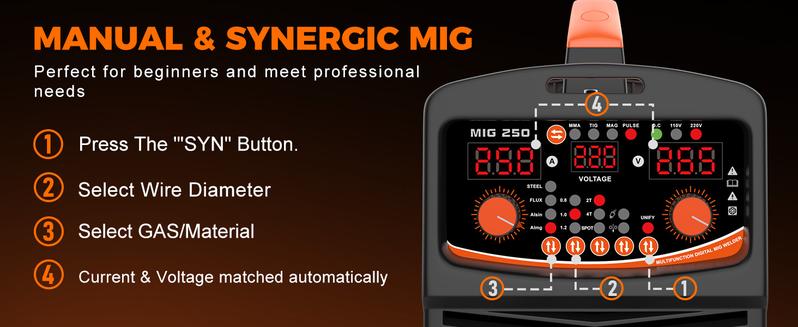 FEIFANKE MIG250A Welder with 110/220v smart conversion, 6-IN-1(MMA/LIFT TIG/FLUX CORE MIG CAS MIG/PLUSE MIG/SPOT welding) welder machine, LED Display Digital welder,Includes 3 Spools of Welding Wire,  for Professional and DIY Welding Projects