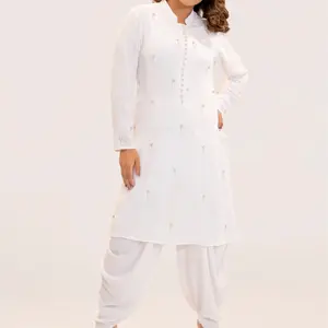 Women's Elegant White Kurta Set with Pearls Details & Matching Dhoti Pants for Any Occasion