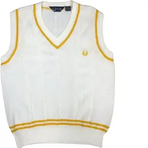 VTG FRED PERRY CABLE KNIT TENNIS SWEATER VEST 100% ACRYLIC WHITE &GOLD MEDIUM, M Classic Menswear
