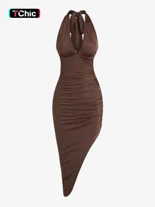Women's Ruched Asymmetrical Hem Party Dress, Backless Halter Midi Bodycon Dresses for Ladies Homecoming, Summer Outfits 2024, Summer Clothes Holiday Outfit