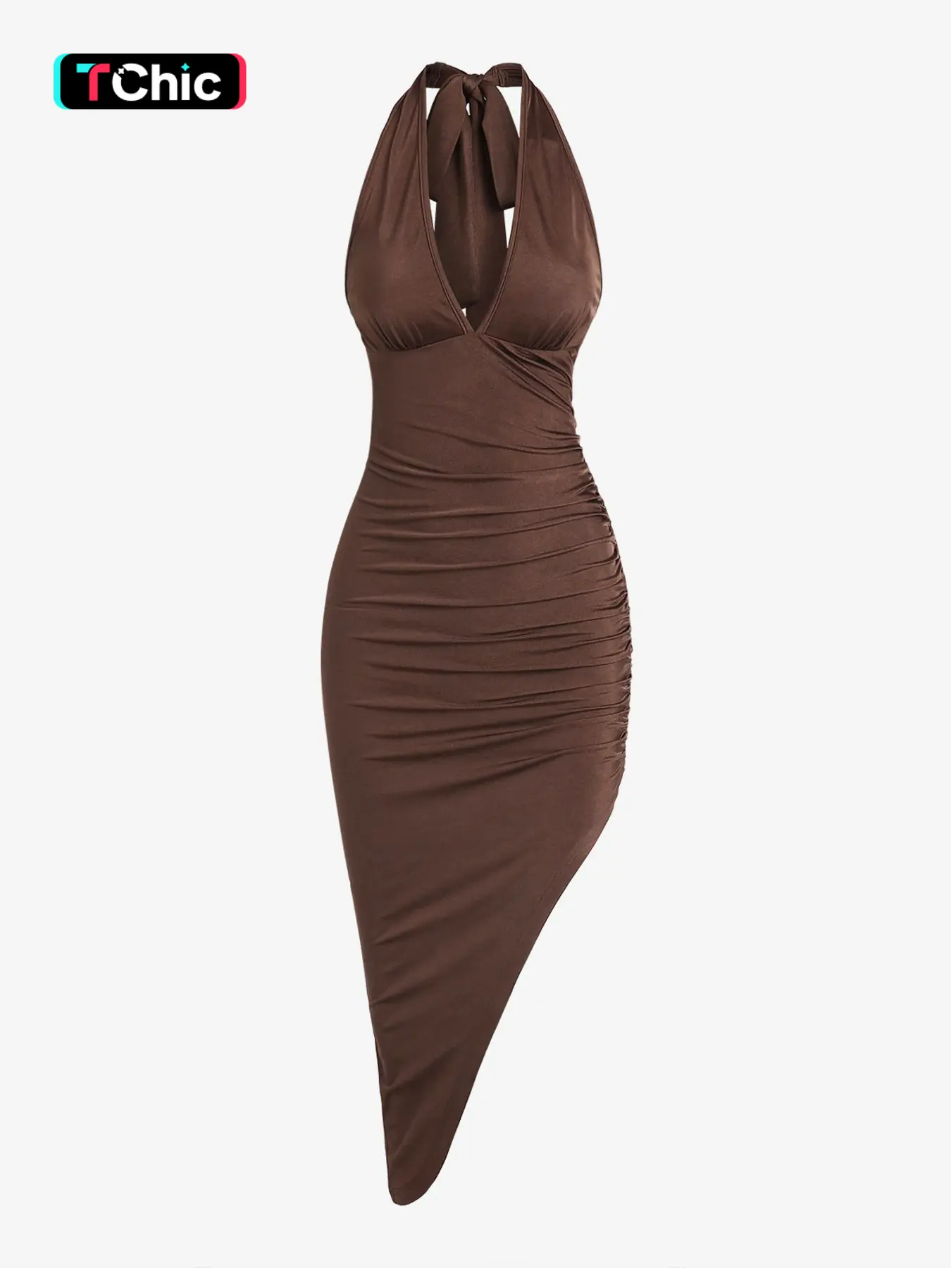 Women's Ruched Asymmetrical Hem Party Dress, Backless Halter Midi Bodycon Dresses for Ladies Homecoming, Summer Outfits 2024, Summer Clothes Holiday O