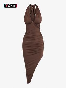 women's ruched asymmetrical hem party dress, fashion formal backless halter midi bodycon dresses for ladies homecoming, dress in club, summer clothes dress, capri sun dress, womenswear