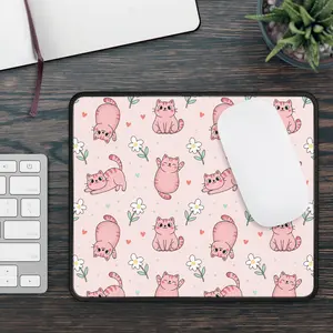Cute Pink Cats Gaming Mouse Pad — Kawaii Cat Desk Mat with Flowers