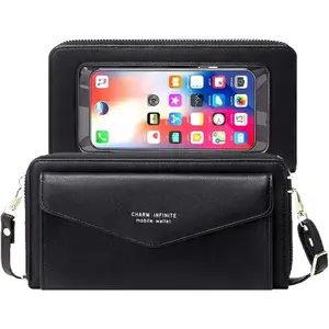 Faux Leather Crossbody Phone Bag for Women Leather Card Organizer,RFID Blocking Touch Screen Wallet shoulder Handbag with Clear Phone Window for Easy Access
