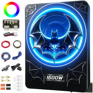 1600W Slim Underseat Car Subwoofer and Amp Package with RGB Ambient Light Switch Built-in Amplifier Individual Low Pass Gain Bass Control Subsonic Deep Bass for Cars Trucks