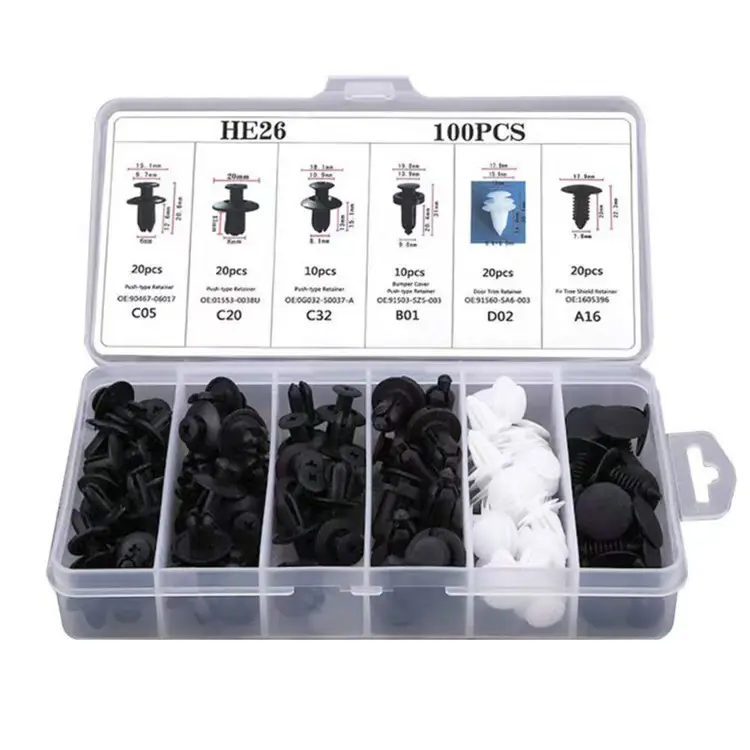 【DealsForYouDays】New HE26 100-Piece Universal Automotive Expansion Screw Clip Set with 6 Clip Types (C05,C20,C32,B01,D02,A16) - Nails, Leaf Plates for Car Mudguards, Fenders, Auto Accessories