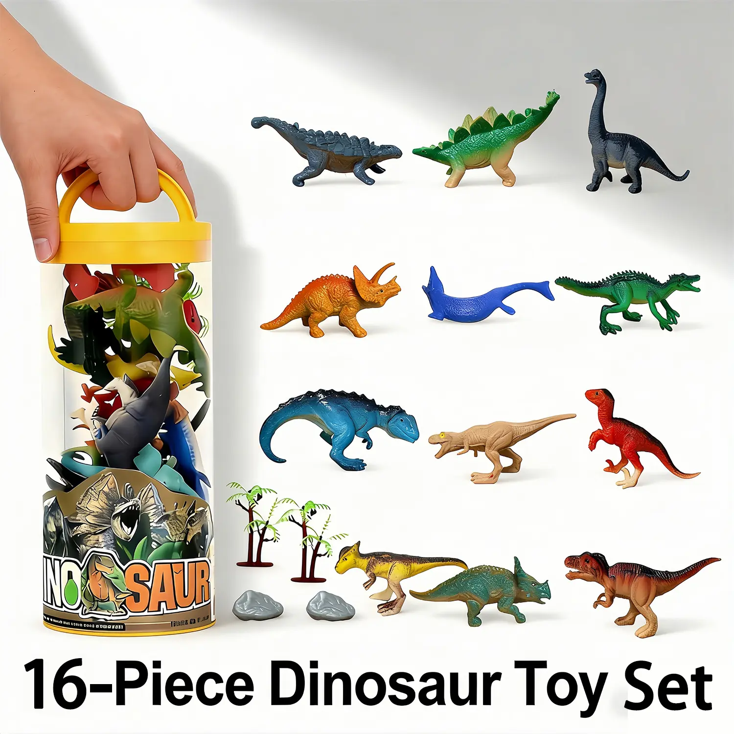 Realistic Mini Dinosaur Toys Playset – 12 PVC Dino Figures with Trees & Rocks, Kids Ages 3–7, Sensory Bin Bath Play, Party Favor Educational Gift