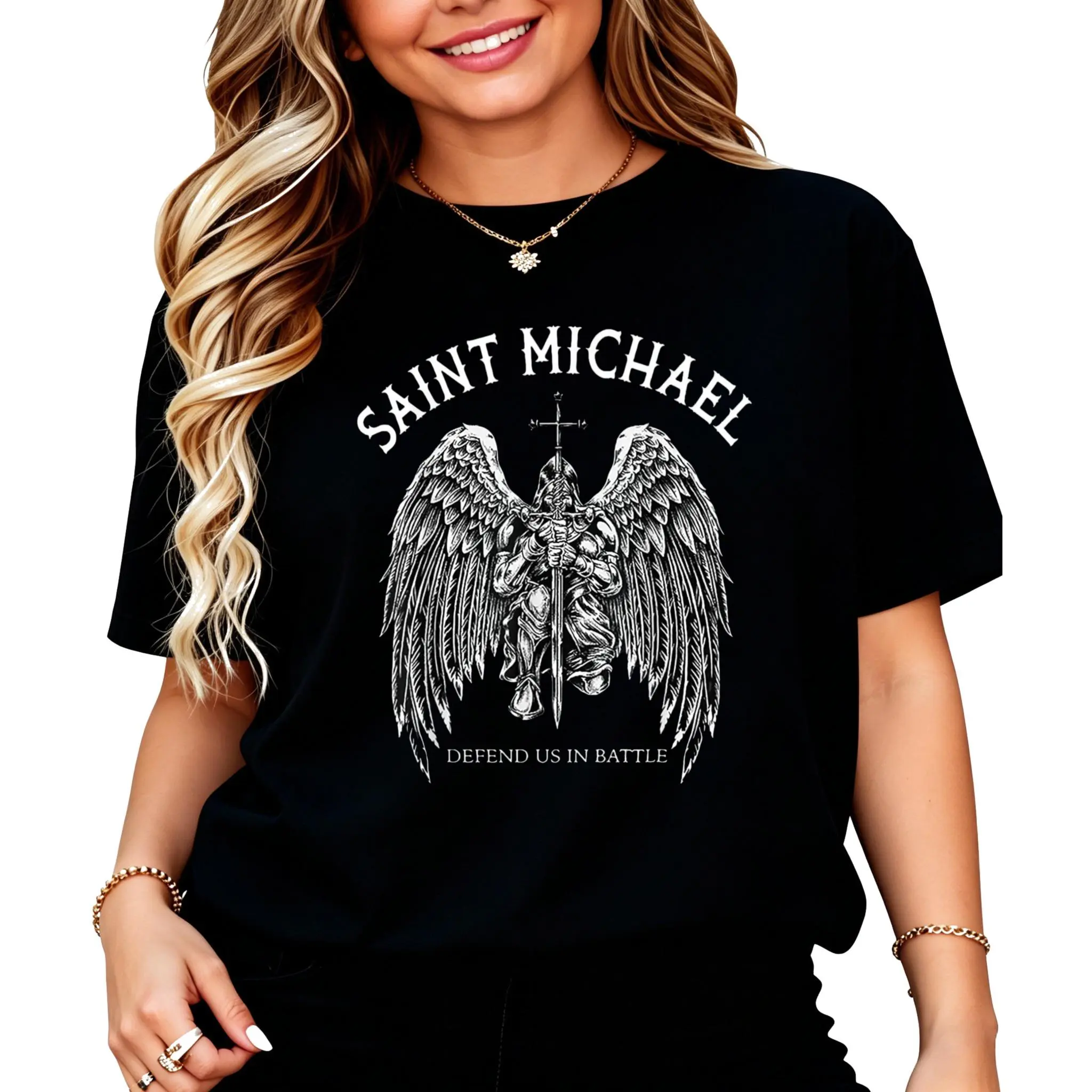 Cotton Saint Michael Defend Us in Battle T-Shirt for Women Men Clothing