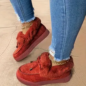 Women's Fluffy Furry Snow Boots, Solid Color Bowknot Plush Lined Ankle Boots, Winter Warm Flat Fuzzy Short Boots