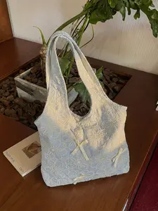 Light Blue Quilted Floral Embroidery Ribbon Bow Tote Bag, Women's Large Capacity Casual Shoulder Bag, Stylish and Practical Accessory