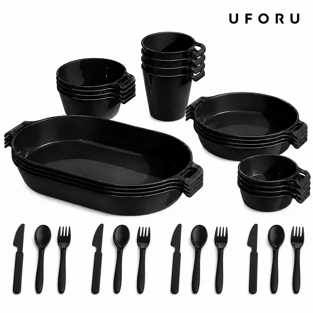 UFORU 21-Piece Black Camping Dinnerware Set for 4, Reusable Outdoor Picnic Tableware with Plates, Bowls, Cups, Sauce Dishes & Mesh Carry Bag, Stackable, Microwave-Safe for Short Reheating