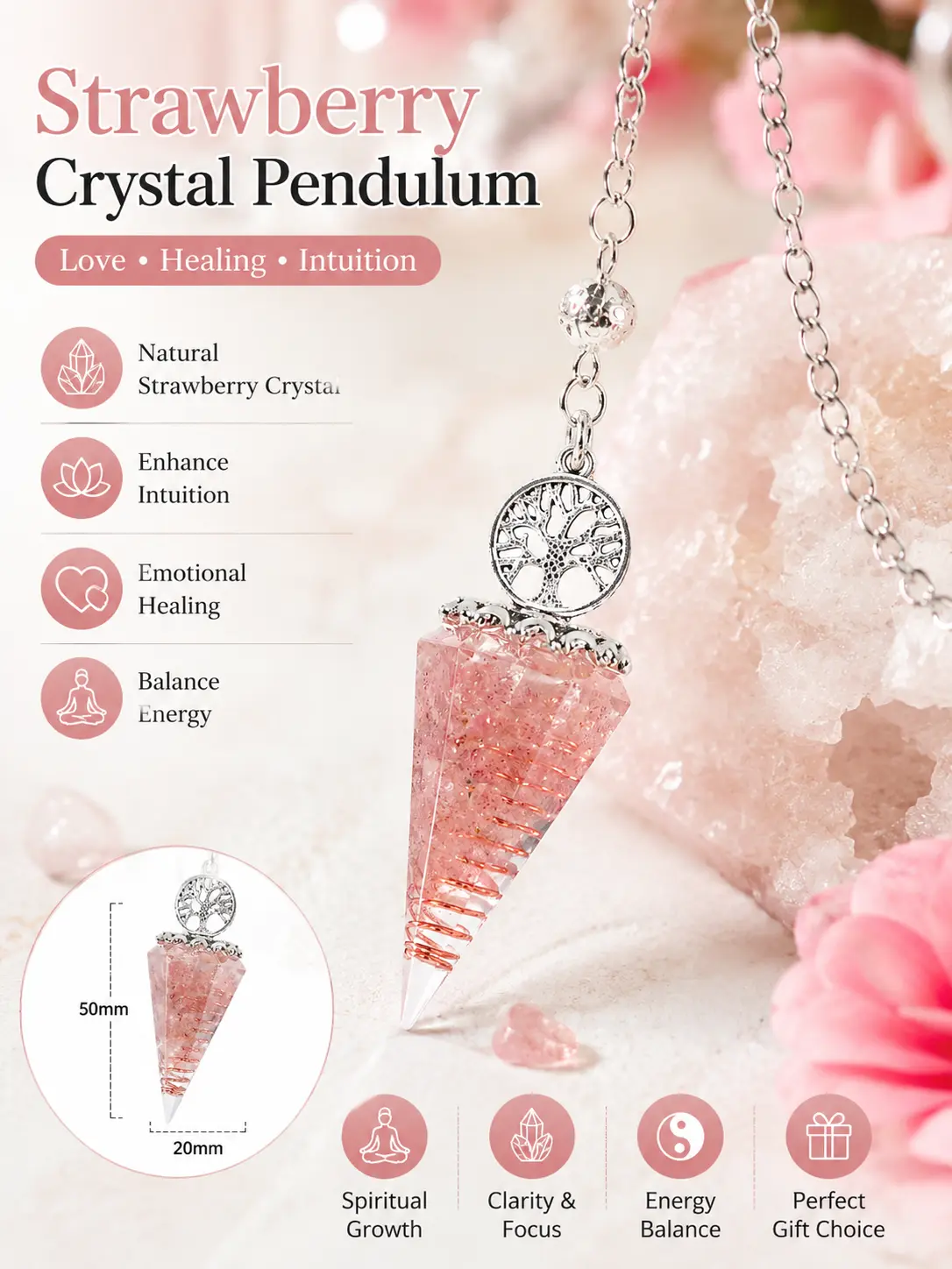 Natural Strawberry Quartz Crystal Pendulum Necklace with Silver Chain - Meditation Spiritual Jewelry, Natural Crystal Gift for Her
