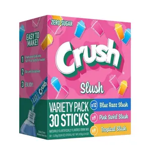Crush Zero Sugar Slush Drink Mix Variety Pack 30 Sticks- Blue Razz, Pink Swirl, & Tropical Slush