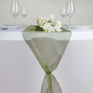 10 Pack Sheer Organza Table Runners 14"x108" Olive Green - Lightweight Table Decor
