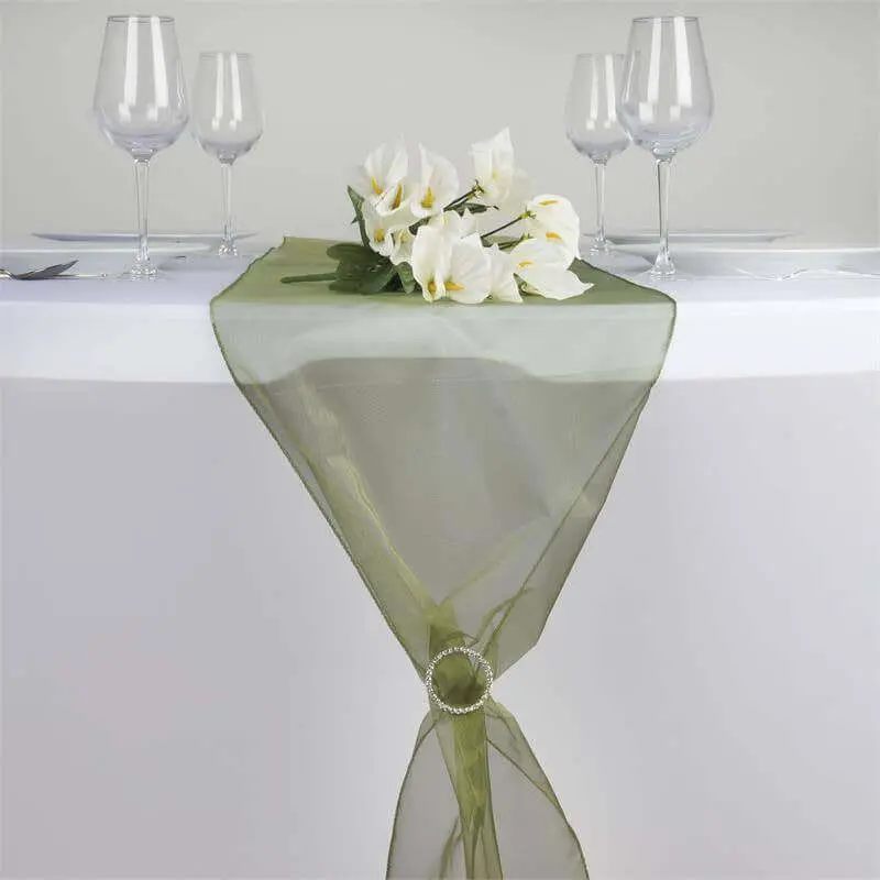 10 Pack Sheer Organza Table Runners 14"x108" Olive Green - Lightweight Table Decor