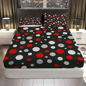 3Pcs Polka Dot Red Black Fitted Sheet Three Piece Set (1*Fitted Sheet+2*Pillowcases, Coreless), Retro theme, Modern Bedding Set, Mattress protector Soft, Breathable