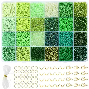 3mm Glass Seed Beads for Bracelets Making, 24 Colors 10000pcs Friendship Bracelet Making Kit, Small Glass Beads for Jewelry Making (Mix 24 Color, Green)