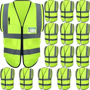 15 pcs reflective safety vests with pockets and zipper high visibility construction vest for men women breathable neon working vest for outdoor running cycling fluorescent greenmedium