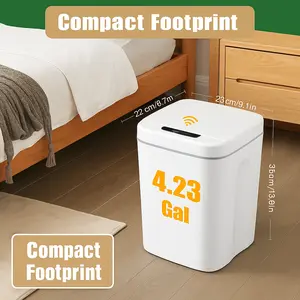 Automatic Trash Can Touchless Sensor 4 Gallon Smart Garbage Bin Motion Activated Odor Lock Small Slim White Bathroom Bedroom Kitchen Office Hands-Free Trashcan with Lid Compact LED Infrared Wastebasket Home Dorm RV Silicone Farmhouse Matte Removable