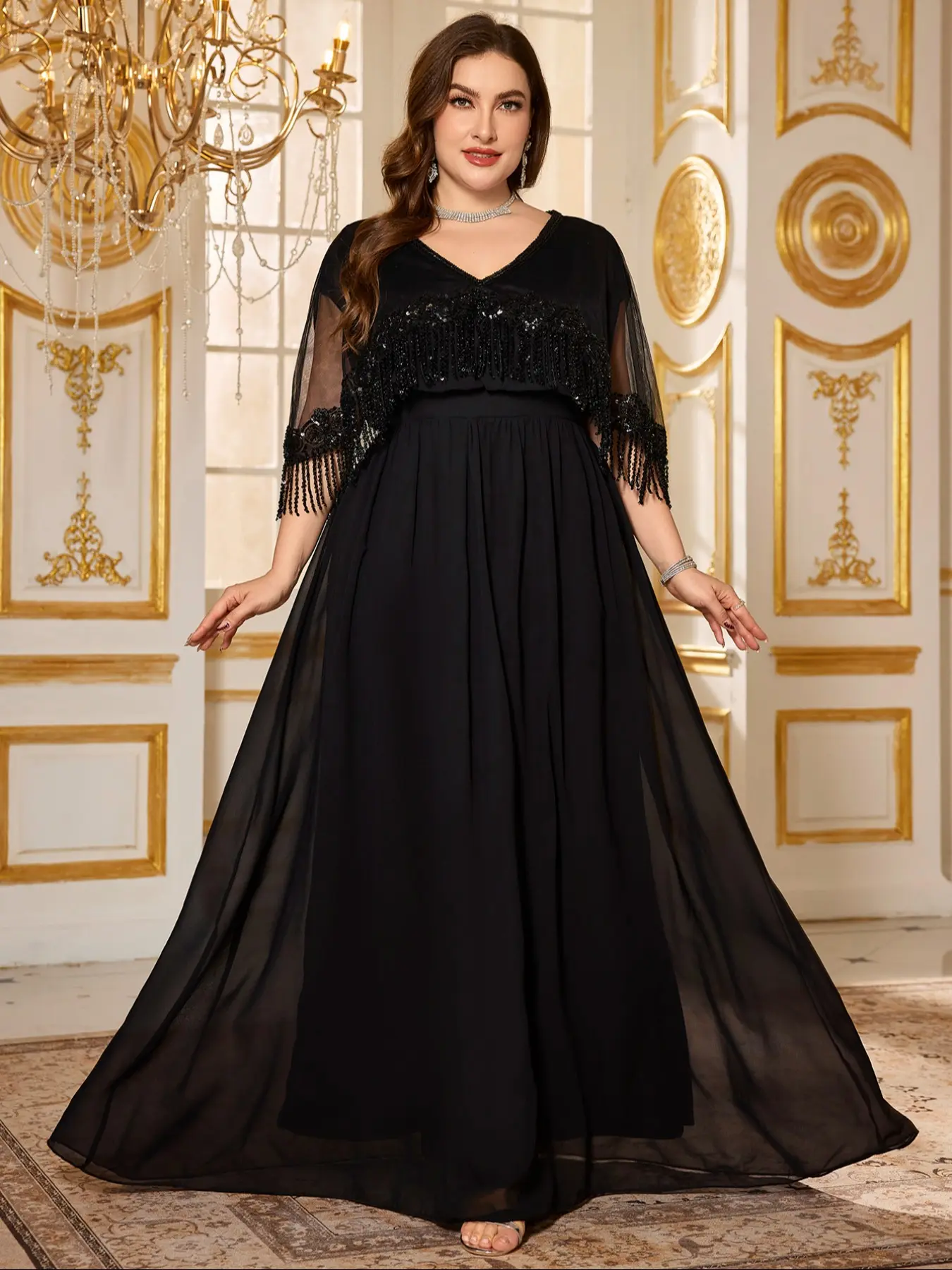 Elegant V-Neck Maxi Dress with Beaded Embroidery, Chiffon Evening Gown, Flowy Tiered Skirt, Formal Party Wear, Fringe
