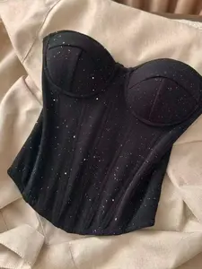 Women's Sequined Fishbone Bralette Top with Padding, Sexy Pure Desire Hot Girl Wrap Chest Corset Waist Cincher Tube Blouse